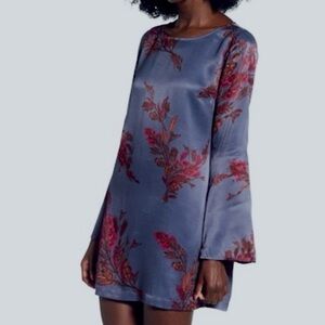 Leith Long Sleeve Dress in Blue with Red Floral Design
